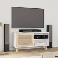 Berkfield Home TV Cabinet White 80x30x40 cm Solid Wood Pine & Natural Rattan | Size: 80 x 30 x 40 cm