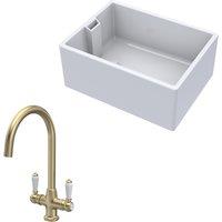 Balterley Fireclay Kitchen Bundle 1 Bowl Belfast Sink Brushed Brass 615mm in White