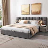 BTM Grey Velvet 4ft6 Double Bed with Hydraulic Storage, USB & Lamp