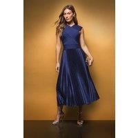 Coast Women's Knitted Bodice Hotfix Pleated Satin Skirt Midi Dress in Navy | Size: 12