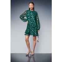 Dorothy Perkins Women's Petite DP Luxe Star Jacquard Ruffle Shift Mini Dress in Green | Size: 10