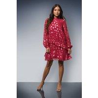 Dorothy Perkins Women's Petite DP Luxe Star Jacquard Ruffle Shift Mini Dress in Red | Size: 10