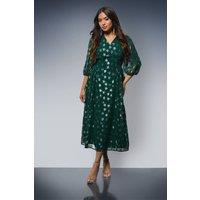Dorothy Perkins Women's Petite DP Luxe Star Jacquard V Neck Blouson Sleeve Midi Dress in Green | Size: 12