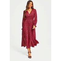 FS Collection Women's Gold Stripe Foil V-Neckline Long Sleeve Dress In Wine | Size: Small
