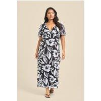 FASHION-SZN Women's Curve Floral Mono Print Flutter Sleeve Midi Dress in Black | Size: 14