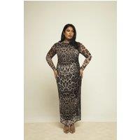 FASHION-SZN Women's Curve Long Sleeve Leopard Print Mesh Midaxi Dress in Brown | Size: 18