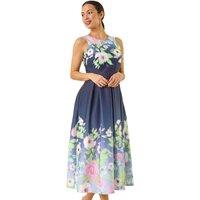 Roman Women's Floral Print Border Scuba Midi Dress in Navy | Size: 12