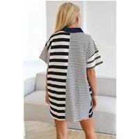 Everyday The Label Women's Black Stripe Half Placket Polo T-Shirt Dress Dresses | Size: XL