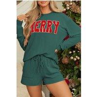 Everyday The Label Women's Evergreen Corded MERRY Graphic Long Sleeve Top & Shorts Set | Size: Medium