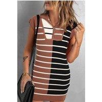 Everyday The Label Women's Black Stripe Color Block Quarter Zip Collar Short Sleeve Sweater Dress | Size: XL