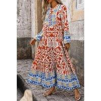 Everyday The Label Women's Orange Boho Geometric Printed Long Sleeve Maxi Dress | Size: XL