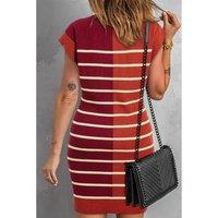 Everyday The Label Women's Brown Stripe Color Block Quarter Zip Collar Short Sleeve Sweater Dress | Size: Medium