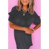 Everyday The Label Women's Black Stripe Ruffled Short Sleeve Crew Neck T-Shirt Shift Mini Dress | Size: Medium