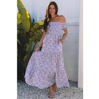 Everyday The Label Women's Purple Floral Short Bubble Sleeve Shirred High Waist Maxi Dress | Size: Medium