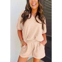 Everyday The Label Women's Apricot Textured V Neck T-Shirt & Shorts Set in Beige | Size: Large