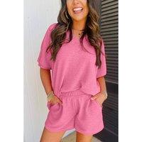 Everyday The Label Women's Pink Textured V Neck T-Shirt & Shorts Set | Size: Small