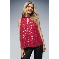Dorothy Perkins Women's DP Luxe Star Jacquard Keyhole Sleeveless Top in Red | Size: 8