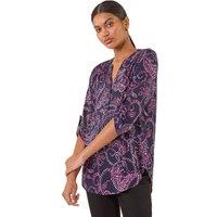 Roman Women's Leaf Puff Print Stretch Shirt in Navy | Size: 14