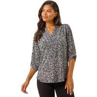 Roman Women's Leaf Print V-Neck Stretch Top in Black | Size: 12