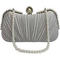 Vellin Women's Pearl Handle Pleated Satin Clutch Bag in Silver