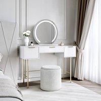 CARME HOME Lara Dressing Table with Elsie LED Mirror-White & Hailey Boucl Stool in White
