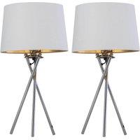 EONLION 2 Tripod Chrome Table Lamp Bedside Lights White & Gold Shade