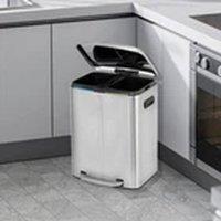 EONLION Double Rubbish Bin, 40L Metal Step Bin, with Plastic Inner Buckets in Silver