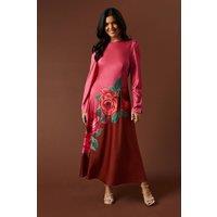 Oasis Women's Premium Satin Placement Print Button Detail Maxi Dress in Pink | Size: 8