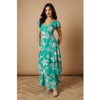 Oasis Women's Floral Printed Chiffon Ruffle Tiered Maxi Dress in Green | Size: 10