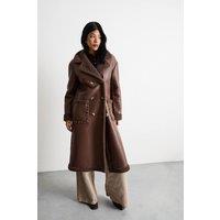 Warehouse Women's Whipstitch Faux Leather Shearling Coat in Chocolate | Size: 12