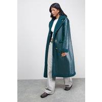 Warehouse Women's Whipstitch Faux Leather Shearling Coat in Petrol | Size: 14