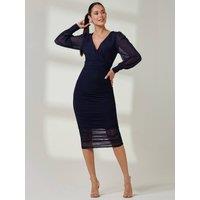 Jolie Moi Women's Long Sleeve Ruched Mesh Midi Dress in Blue | Size: 14