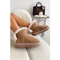Love Lemonade Women's Crystal Faux Fur Bow Snugg Boots in Brown | Size: 4