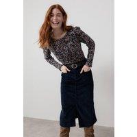 Lily & Me Women's Penrose Stretch Jumbo Cord Midi Length Skirt with Belt loops at waist in Navy | Size: 10