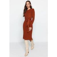 WOVCOR Women's Ribbed Knit Midi Dress with Waist Tie in Terracotta | Size: Medium
