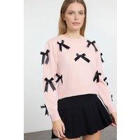 WOVCOR Women's Bow Detail Soft Textured Knit Sweater in Pink | Size: Small