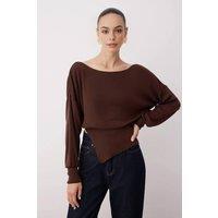 WOVCOR Women's Boat Neck Mercerised Knit Sweater Slit Detail in Brown | Size: Large