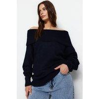 WOVCOR Women's Off Shoulder Ribbed Knit Jumper with Folded Neck Detail in Navy | Size: Small