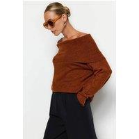 WOVCOR Women's Off Shoulder Ribbed Knit Jumper with Folded Neck Detail in Brown | Size: Small