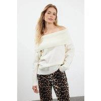 WOVCOR Women's Off Shoulder Ribbed Knit Jumper with Folded Neck Detail in White | Size: Medium