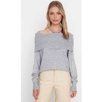 WOVCOR Women's Off Shoulder Ribbed Knit Jumper with Folded Neck Detail in Grey | Size: Small