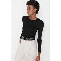 WOVCOR Women's Ribbed Crew Neck Slim Fit Knit Sweater in Black | Size: Large