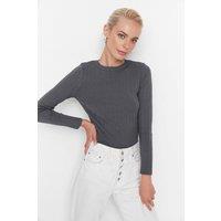 WOVCOR Women's Ribbed Crew Neck Slim Fit Knit Sweater in Grey | Size: Small