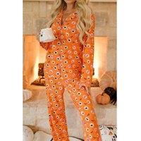 Everyday The Label Women's Orange Halloween Print Lapel Shirt Long 2pcs Pajama Set Sleepwear | Size: XL