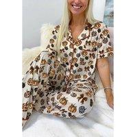 Everyday The Label Women's Beige Leopard Pumpkin Allover Halloween 2pcs Pajama Set | Size: Large