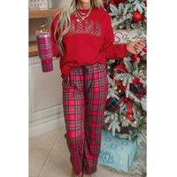Everyday The Label Women's Red Plaid Mama Graphic Christmas Holiday Crewneck Pullover & Pants | Size: XL