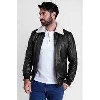 Enorsia Men's Leather Jacket with Detachable Borg Collar in Jet Black | Size: XL