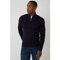 Threadbare Men's Textured Cable Knit Quarter Zip Jumper in Navy | Size: XL