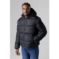 French Connection Men's Hooded Puffer Jacket with High Neck in Black | Size: XL