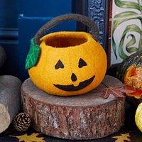 Paper High Felt Trick Or Treat Halloween Pumpkin Basket in Orange